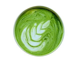 Top View of Hot Matcha Green Tea Latte Isolated on Transparent Background, PNG File