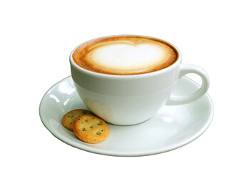 A cup of cappuccino coffee with a pair of crackers isolated on transparent background, PNG file