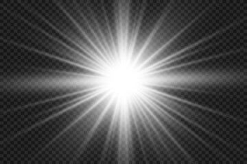 Special lens flash, light effect. The flash flashes rays and searchlight. illust.White glowing light. Beautiful star Light from the rays. The sun is backlit. Bright beautiful star. Sunlight. Glare.	