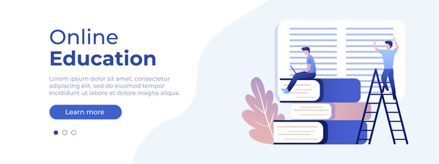 Online education concept. Vector layout for website page. Illustration in flat style with people studying remotely. Students learning online at home. Vector illustration EPS 10