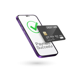 Vector 3d Realistic Smartphone, Credit Card, Wi-Fi Successful Payment. Concept of Payment for Purchases by Card, Online Shopping. Design Template, Bank POS Terminal, Mockup. Processing NFC Device