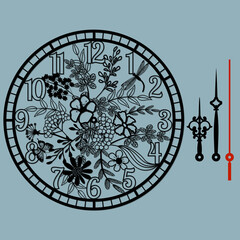 A beautiful clock with a beautiful illustration, laser-cut floral pattern. Vector silhouette, stencil, laser cutting.