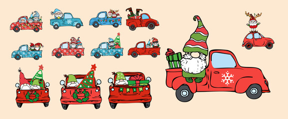 Naklejka premium a set of gnomes on Christmas trucks. a collection of dwarfs with Christmas trees and gifts in red and blue cars in doodle style for a design template. merry christmas characters
