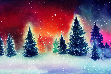 watercolor christmas background, colorful pattern, new year, christmas tree decorated