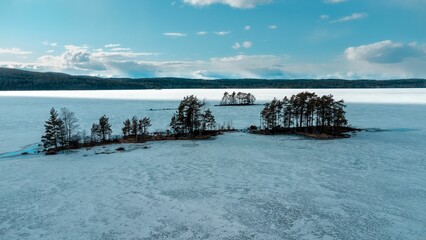 Drone view of coniferous forest island in the middle of the frozen river covered with ice, aerial