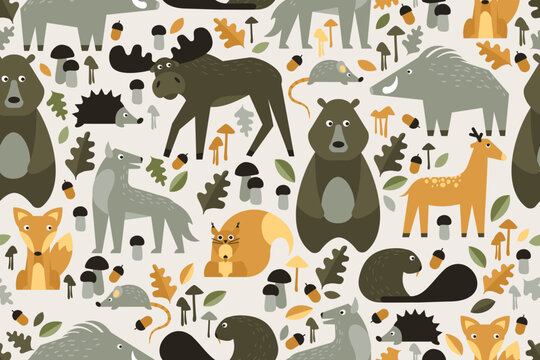 Seamless pattern in scandinavian style with cute bear, elk, fox, wolf and squirrel. Perfect for baby clothes, baby room decoration, packaging. Vector illustration.