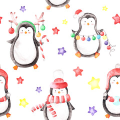 Watercolor seamless pattern with different penguins in red hats, skarf, garland and hook caramel lollipop on background with different colored stars.New year, christmas backdrop for print party cards