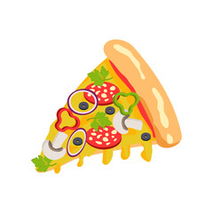 Slice of pizza with salami and herbs mushrooms, onions, cheese, peppers