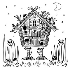 The chicken-legged hut is the home of Baba Yaga, a witch from Slavic folklore. Scary stories for Halloween. Hand drawn illustration. Entourage with skulls, black cat and spider.