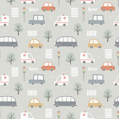 Seamless pattern with cute cars, traffic lights and trees.