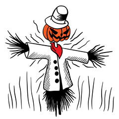 Scarecrow scary for Halloween with a pumpkin head and a smile. Hand drawn illustration.