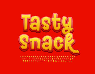 Vector advertising poster Tasty Snack. Bright artistic Font. Funny handwritten Alphabet Letters and Numbers set
