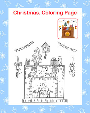 Christmas holiday scene fireplace, clock, stocking, bunting, fire, garland, candle, fir-tree outline coloring page with sample image vector illustration, winter holiday leisure activity, worksheet