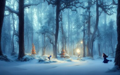 Frosty snowy fairytale forest. Magic Christmas background. Fairy magic scene. Beautiful natural landscape. Digital painting illustration.