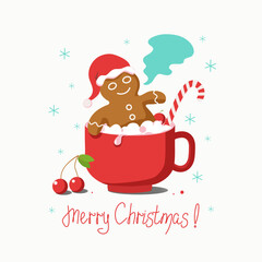  Gingerbread man in a cup. Traditional holiday sweets. Cookies and candy. Christmas vector illustration. Merry Christmas hand-drawn text. Isolated background.