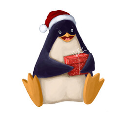 cute penguin with holiday gift box in Santa Claus hat