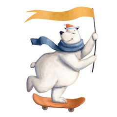 cute polar bear with flag watercolor style cartoon character good for card and print design