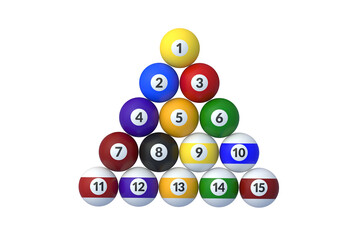 Set of billiard balls in form of triangle isolated on white background. Top view. 3d render
