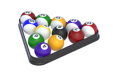 Naklejka premium Billiard balls in plastic triangle isolated on white background. 3d render