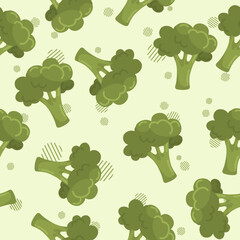 Vector seamless pattern with many small broccoli florets icon on pale green background. Decorative art element for menu layout design. Cartoon diet food sign. Flat vegetable concept. Cute plant print.