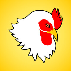 white hen's head on yellow background	