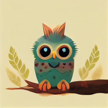 Cute Little Owl Illustration for Kids Children Book in Watercolor Painting Art Cartoon Character