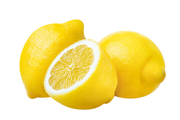 Lemon isolated on white or transparent background.  Three lemon fruits whole and cut half - obrazy, fototapety, plakaty