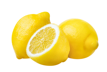 Lemon isolated on white or transparent background.  Three lemon fruits whole and cut half