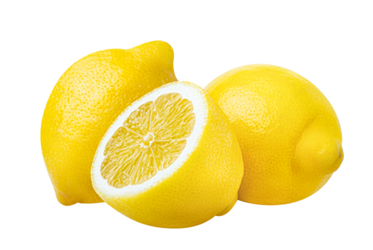 Lemon isolated on white or transparent background.  Three lemon fruits whole and cut half