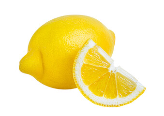 Lemon isolated on white or transparent background. Whole lemon fruit and cut wedge