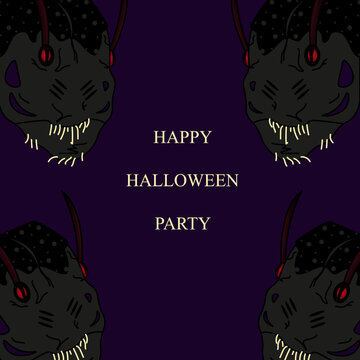 Halloween banner with a scary monster with red eyes, antennae, horns. and copy space A terrible monster bug with inscription happy halloween party. A giant cockroach.