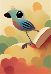 Illustration of Colorful Bird for Kids Children Book in Watercolor Painting Art Cartoon Character