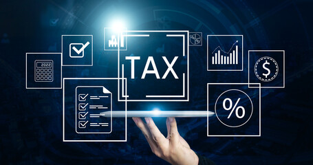 Businessman using tablet analyzing tax payment calculating tax return expenditures income and expenses, working for business and corporation accountant worker employee analyzing data graphical display