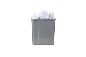 gray trash can full of crumpled paper isolate, no background