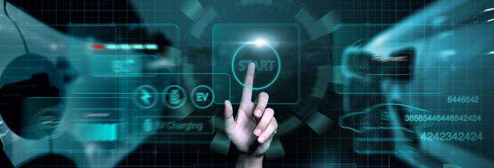 Electronic vehicle charging menu iu screen interaction, charging electric power into EV car, futuristic eco environmental friendly energy resources, charge station waypoint blue banner background