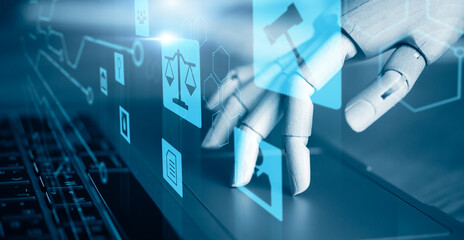 lawyer laptop computer and internet technology online giving legal  business advice to clients companies and businesses, dealing with contracts policies of labor law justice rules  and rights concept.