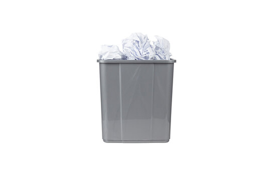 gray trash can full of crumpled paper isolate, no background