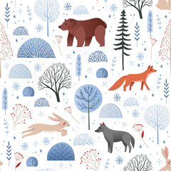 Vector seamless pattern - winter blue forest with fox, bear, rabbit, trees in snow. Fairytale in flat style with gradient. Scandinavian illustration. Perfect for home decor, wrapping paper, fabric © Kate Macate