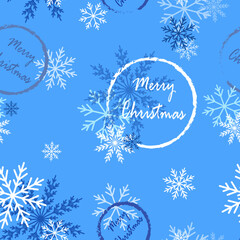 Fototapeta na wymiar Christmas seamless pattern with snowflakes and stamps. Background, wrapping paper, wallpaper.