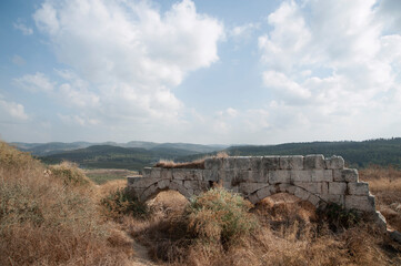 Fototapeta na wymiar Ruins of the crusader fortress Templar Toron des Chevaliers of the 12th century near Latrun. Israel. 