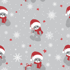 Cute Christmas pattern with teddy bears in Santa hats and snowflakes. Seamless vector pattern. It is well suited for wrapping paper.