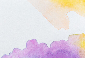 Obraz premium Macro close-up of abstract colorful watercolors with stains on a textured white aquarelle paper. High resolution full frame background with copy space.