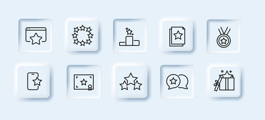 Star icons set. Winning, document, medal, smartphone, certificate, message. Stars concept. Neomorphism style. Vector line icon for business