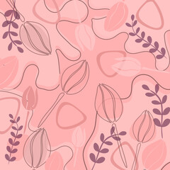 Illustration. Pattern Pink tulips, lilac, pastel, pink tones. Summer, spring style. Design of postcards, advertising, floral, wedding design
