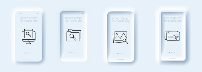 Magnifier icon set. Research. Search engine. Examine. Analysis. Zoom in. Guillotine. Review. Magnifier concept.Neomorphism style. Vector line icon for business