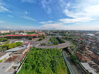 Malioboro Yogyakarta street view from above is a landmark of Yogyakarta Indonesia Toursim, Rush Hour Traffic with Train. KRL Yogyakarta