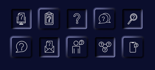 Question related icons set. Question, envelope, clipboard, thought, athame, message, man. Question consept. Neomorphism style. Vector line icon for business.