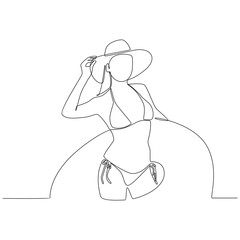Woman Wearing Bikini and Carrying Swimming Tires on the Beach Continuous Line Drawing Vector Illustration
