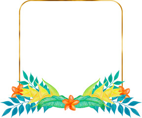 Fototapeta na wymiar Tropical frame design with leaves and flowers, exotic floral illustration design, wedding invitation