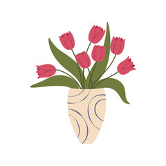 Tulips in scandinavian vase, cartoon interior flowers in jug. Vector pink color tulip elegant bouquet, flat decorative element, bunch of spring flowers
